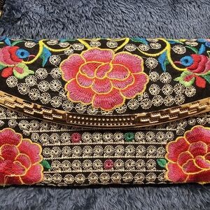 Elegant Floral Embroidered Clutch with Gold Details, Crossbody Or Wristlet